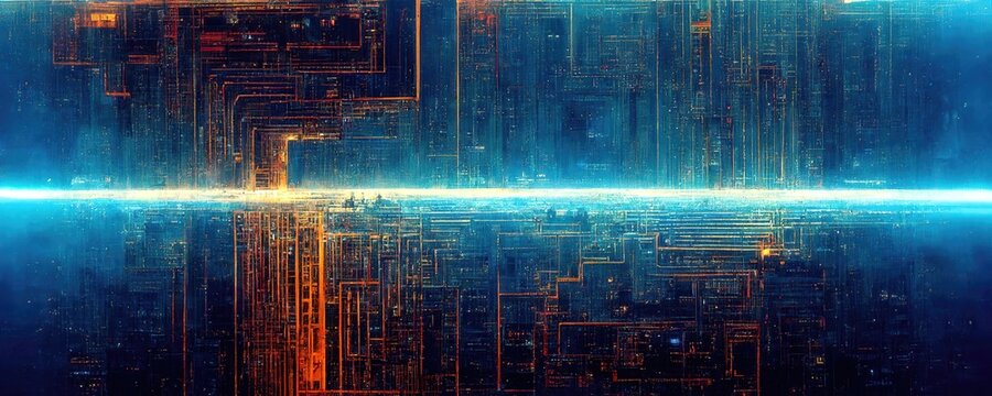 Wall Mural -  - Atmospheric Sci-fi chic cyberpunk graphic elements of the global network of CPU circuits generated by Ai