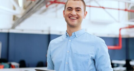 Aufkleber - Businessman, face or digital tablet in coworking office on digital marketing schedule, web design app or advertising calendar. Portrait, smile or happy creative designer in technology vision planning