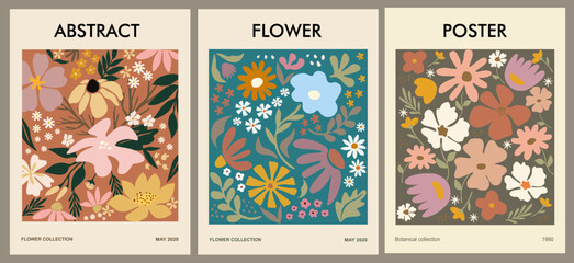 Wall Mural - Set of abstract flower posters. Trendy botanical wall arts with floral design in earth tone pastel colors. Modern naive groovy funky interior decorations, paintings. Vector illustration