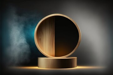 The empty wooden cylinder shape of product display Podium, Stand for showing or design blank backdrop dark abstract wall with smoke float up. Platform illuminated