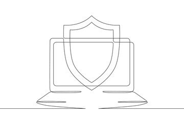 One continuous line. Protection of information. Shield and laptop. Open laptop. Information Security. Saving data. One continuous line on a white background.