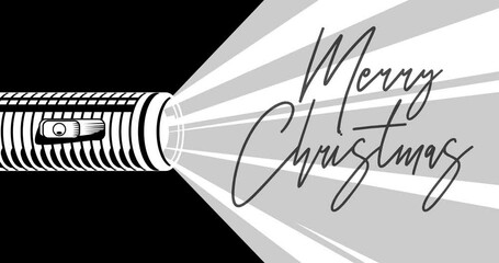 Poster - Flashlight illuminates Merry Christmas text. Hand holding pocket LED electric lamp. Abstract animated video.