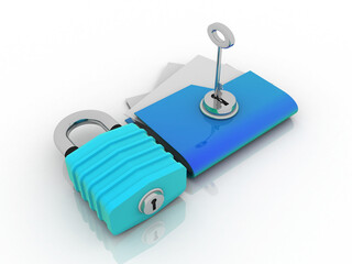 Poster -  3D rendering Yellow folder and lock and key. Data security concept