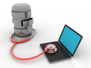 Sticker - 3d rendering  Database storage data base in laptop connected Stethoscope
