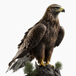 A vertical image of a majestic Golden Eagle (Aquila chrysaetos) isolated on white background, created with Generative AI technology
