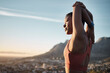 © C Malambo/peopleimages.com - Black woman, fitness or stretching arms in nature workout, training or sunset exercise in muscle pain relief, tension release or healthcare wellness. Runner, sports athlete or body warm up at sunrise