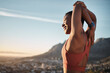 © C Malambo/peopleimages.com - Mountain, fitness and stretching woman with smile for running goals, success or training freedom on blue sky mockup. Muscle wellness of sports black woman or runner in nature for workout and exercise