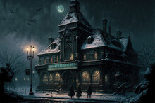 Generative AI : A Vintage Victorian Era Railway Station On A Cold Snow-covered Day	
