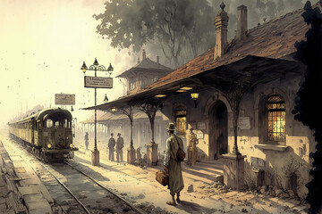 Generative AI : a vintage railway station somewhere in India or Africa in the 1920s	
