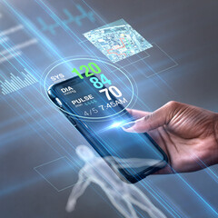 Poster - Fitness mobile app, smartphone and hand with graphic data analytics, workout metrics or body health monitor on screen innovation. Hand holding cellphone for sports progress of software ux ui design