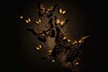 Shiny Decorative Golden Butterflies On A Black Background