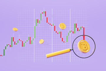 Poster - Stock market graph chart with candlesticks, bitcoins and magnifying glass