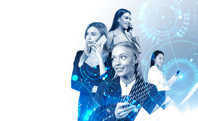 Poster - Businesswomen network and diverse circles with global connection. Copy space