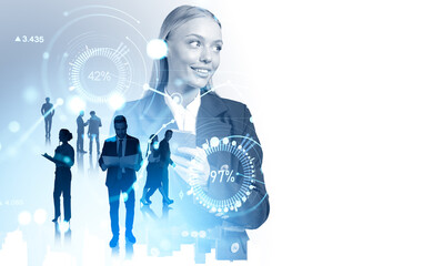 Wall Mural - Businesswoman and diverse business people with graph chart hologram. Copy space