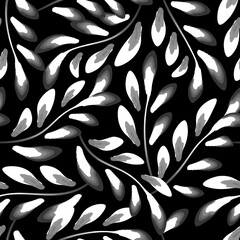 Wall Mural - cloth texture seamless pattern with tropical foliage on dark background. plants leaves seamless background. fashionable prints texture. interior design. nature wallpaper black background. autumn. fall