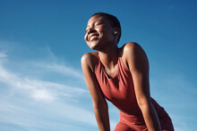 Fitness, Black Woman And Smile In Relax For Running, Exercise Or Workout In The Nature Outdoors. Happy African American Female Runner Smiling On A Break From Run, Exercising And Breathing Fresh Air