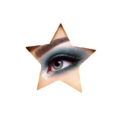 Wall Mural - The Eyes of the Young Beautiful Woman with Bright Blue Shadows and Expressive Eyebrows, Looks in the Star Shaped Pattern, isolated on a white Background