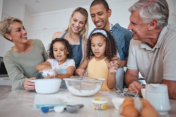 Canvas Print - Baking, family and children with their parents and grandparents in the kitchen learning about cooking food. Bake, bonding and love with girl siblings making baked goods in their home together