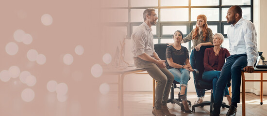 Poster - Business team, people talking and meeting for planning strategy, ideas and feedback while together in office with space for marketing or advertising. Diversity men and women discussion with bokeh