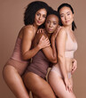 © N F/peopleimages.com - Beauty, diversity and skincare with portrait of women for self care, body positive and cosmetics. Wellness, products and natural with model for community, facial and luxury in brown background studio