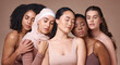 © N F/peopleimages.com - Women, diversity and relax global model group feeling calm about skincare, beauty and skin glow. Cosmetic, facial and dermatology wellness of models resting together showing cosmetics community