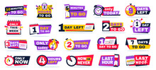 Countdown Timer Badges. Minutes Clock, Hours Tag And Days To Go, Time Left And Only This Week Banners With Calendar Icon Vector Set