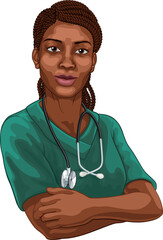 Wall Mural - A black woman doctor or female nurse medical healthcare health professional in scrubs illustration