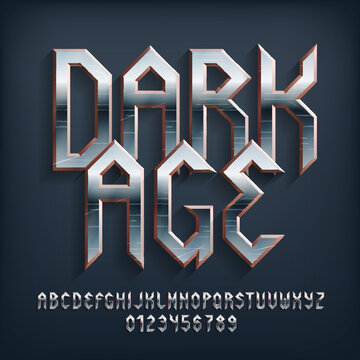 Dark Age alphabet font. Scratched metal vintage letters, numbers and symbols. Stock vector typescript for your typography design.