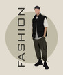Stylish man in a flat style on an interesting background with the inscription fashion, vector illustration.