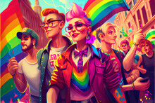 Gay Pride Parade, People Having Fun At Equality March Or Lgbt Gay Parade, Illustration, AI Generated