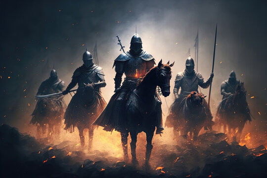 Fototapete - Battle of knights in armor on the battlefield, the struggle of good against evil. Knights riders galloping on horses. Sparks and flames, portraits of warriors. 3d render