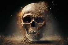 Abstract, Surreal, Creepy Skull Turning In Dust.Halloween Concept. Digital Art