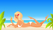 summer illustration of a beautiful girl in white bikini on the beach. 