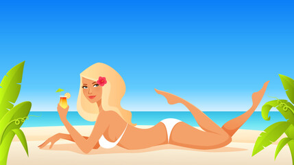 Poster - summer illustration of a beautiful girl in white bikini on the beach. 