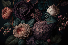 Beautiful Bouquet With Roses On A Dark Background. AI
