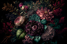 Roses On A Black Background. Abstract Floral Design For Prints, Postcards Or Wallpaper. AI

