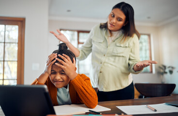 Poster - Education, fail and children with a student girl and indian woman looking confused or in doubt while distance learning. Autism, student or internet with a female pupil elearning at home with a parent