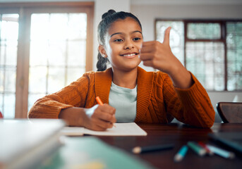 Poster - Student, school and education, girl with math homework and counting, learning at family home and happy with study. Academic, scholarship and writing, learn for development with primary school pupil.