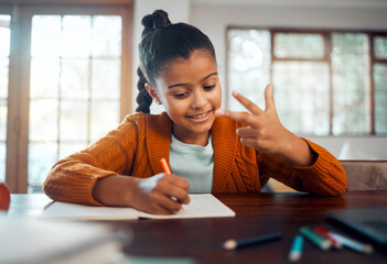 Poster - Home, math and child with numbers on hands for education, learning and knowledge at living room table on notebook and stationery. Hand calculation and girl or student at desk writing notes for class