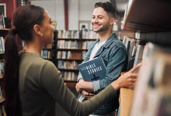 Poster - Woman, man and library for reading, talking and knowledge for studies. Students, male and female in bookstore, education or research for literature, study and for books to read, conversation or smile