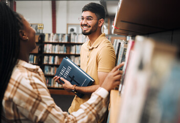Poster - Talking students, bonding and library bookshelf on school, college and university campus for education, learning and religion studying. Smile, happy man and black woman friends with textbook research
