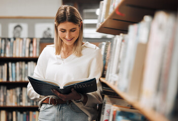 Poster - happy, reading or student in library for books, educational knowledge or research for learning or as