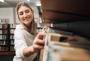 Poster - Library books, student and woman packing textbook in a education, university and learning book shop. School, college and happy graduate looking for knowledge, studying and learning with a smile