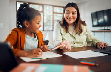 Aufkleber - Education, home school and homework with a student girl and mother learning at a table in their house. Family, writing and kids with a woman and female child reading for growth or development