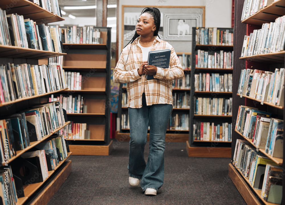 Search, university or black woman in a library for books, educational ...