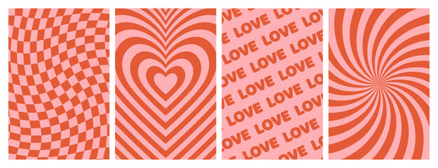 Groovy lovely backgrounds. Love concept. Happy Valentines day greeting card. Funky pattern and texture in trendy retro 60s 70s cartoon style. Vector illustration in pink red colors.