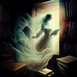 Haunting lady ghost in a library. Illustration made with generative Ai, no real people , post-processing