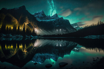 Generative AI :  Aurora Borealis rising above Banff National Park	
