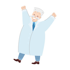 Scientist character made a discovery and joyfully raises his hands up. Cartoon vector illustration of funny old professor or doctor in uniform. Chemistry concept