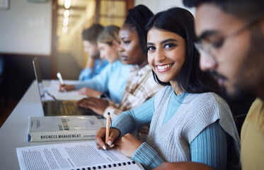 Poster - College student writing notes for business management in classroom, course and campus. Portrait, young indian girl and university student happy for learning, education and studying at finance academy